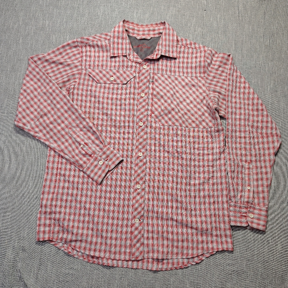 Eddie Bauer Hiking Shirt Men Large Red Gray Long Sleeve Polyester Button Down